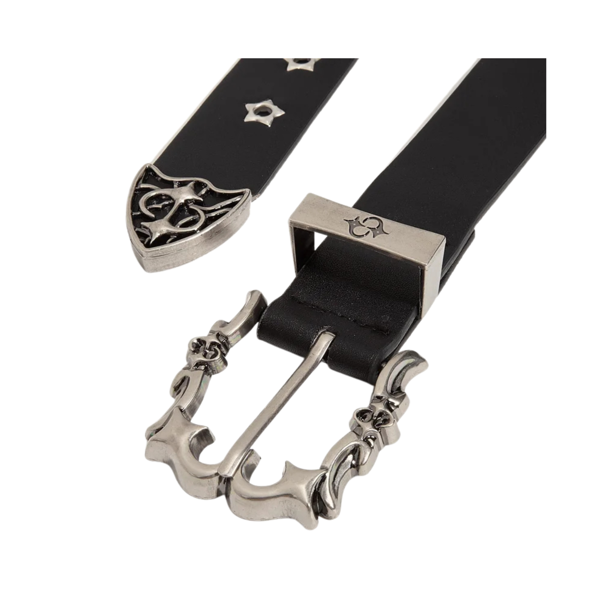 Close-up of Starry Eye belt ornate buckle, leather ends and gothic metal tip