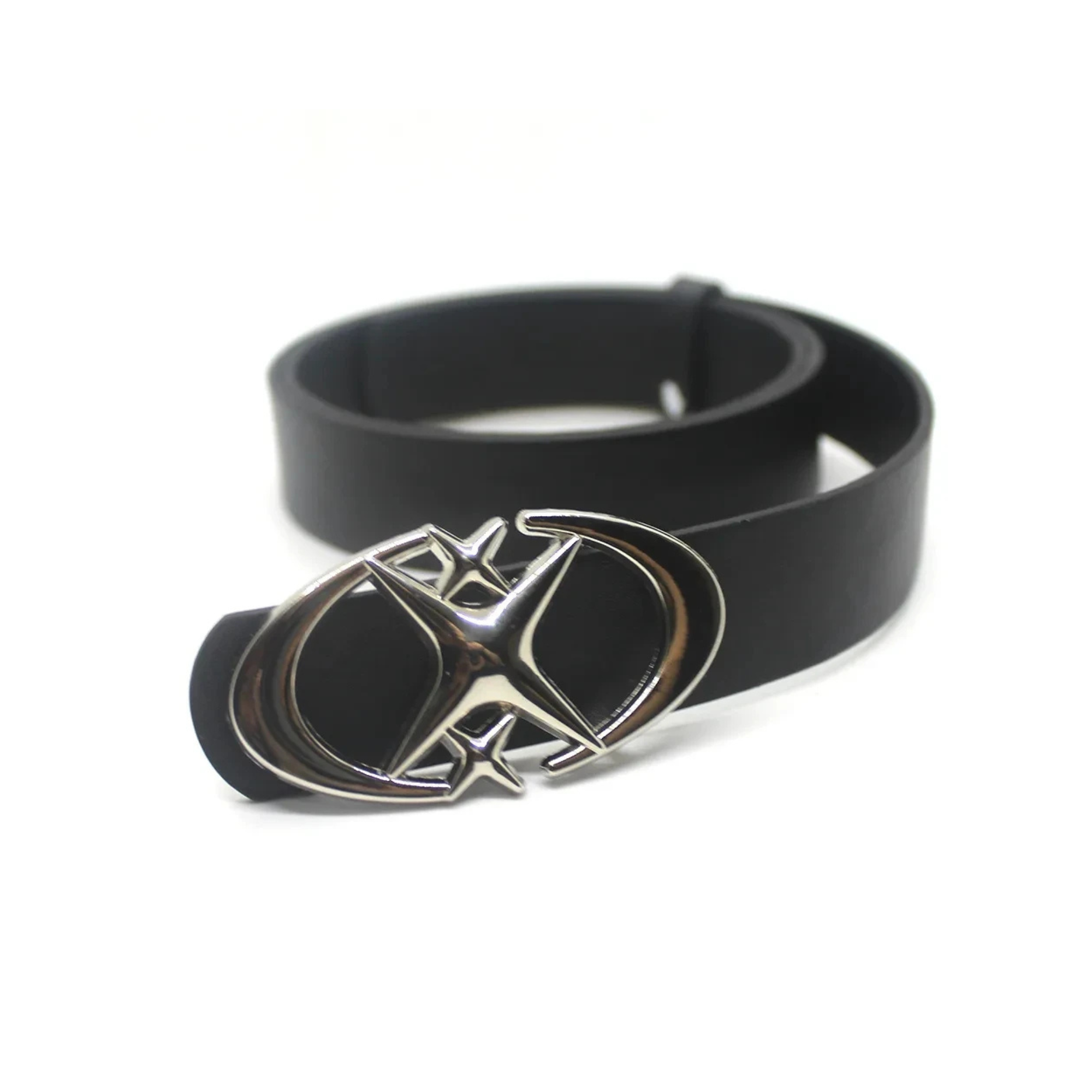 Black Galaxy Star buckle belt coiled on white, angled product view