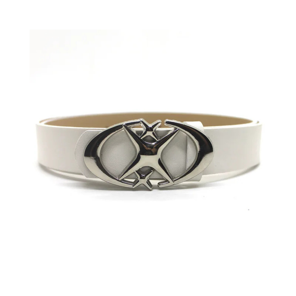 White Galaxy Star belt with silver crescent-moon and star buckle, front view