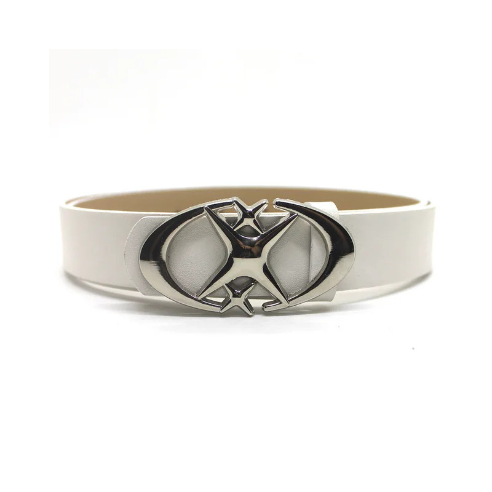 White Galaxy Star belt with silver crescent-moon and star buckle, front view