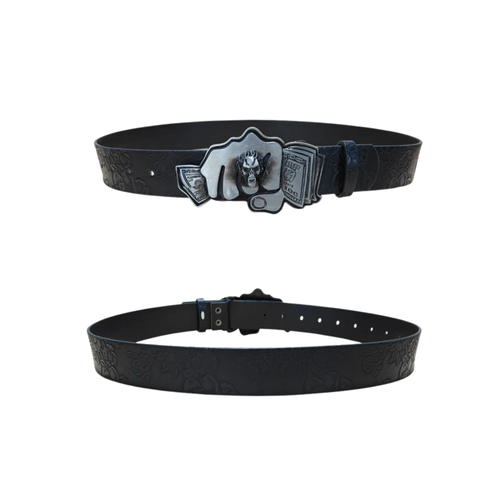 Front and back views of black embossed 'Gimme My Money' belt and silver statement buckle