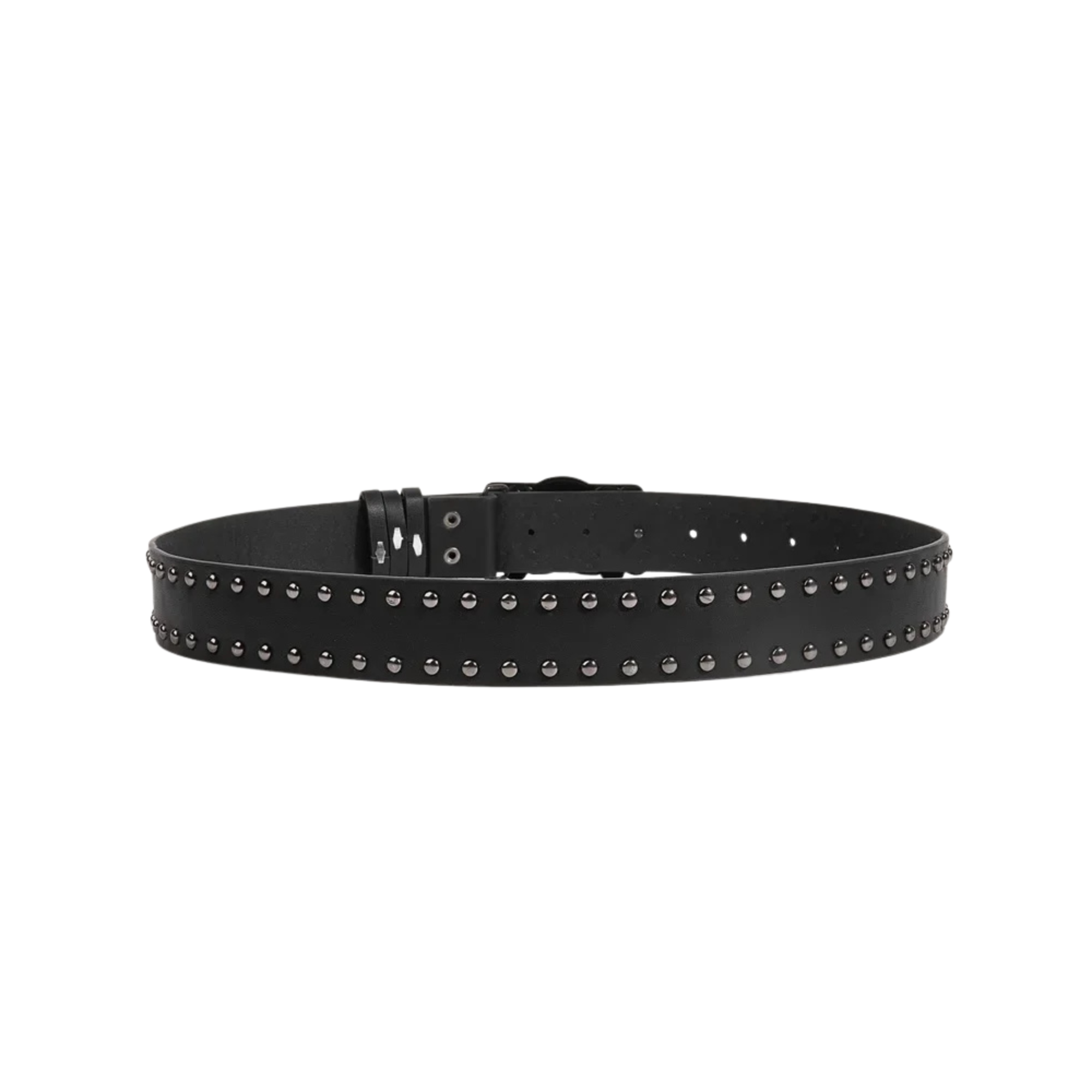 Back view of black pirate belt showing double stud rows, keeper and adjustment holes