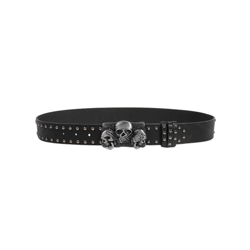 Full front view of black pirate belt with triple skull buckle and silver studs