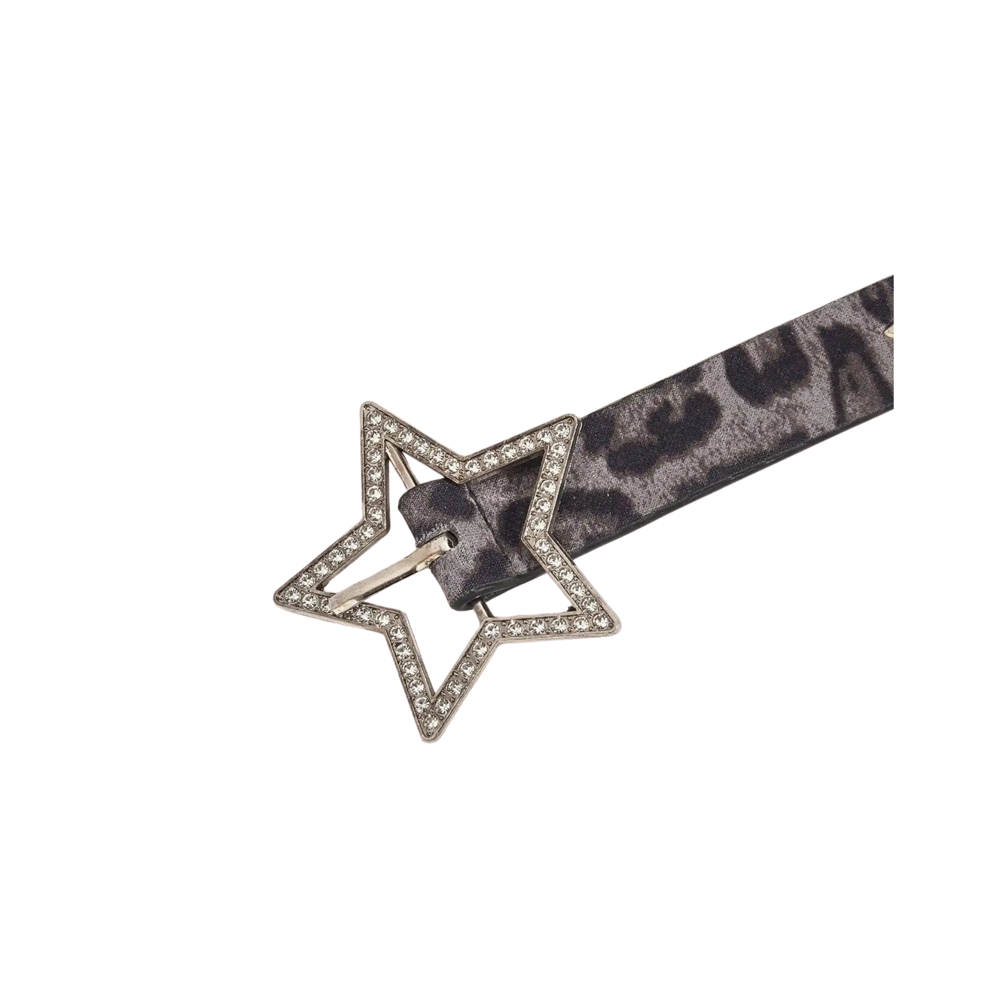 Close-up of rhinestone star buckle and grey leopard-print belt strap
