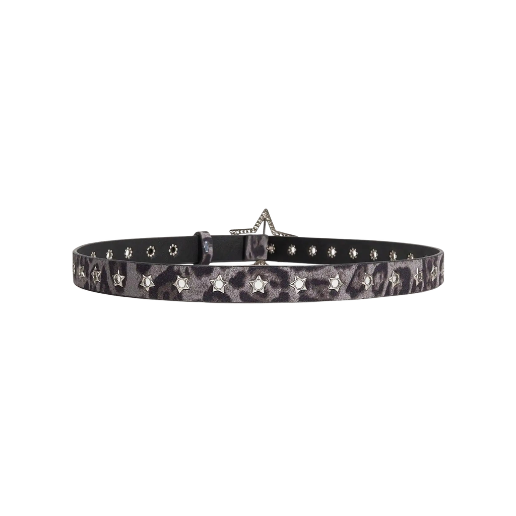 Full laid-flat view of grey leopard Wishing Star belt with silver star studs