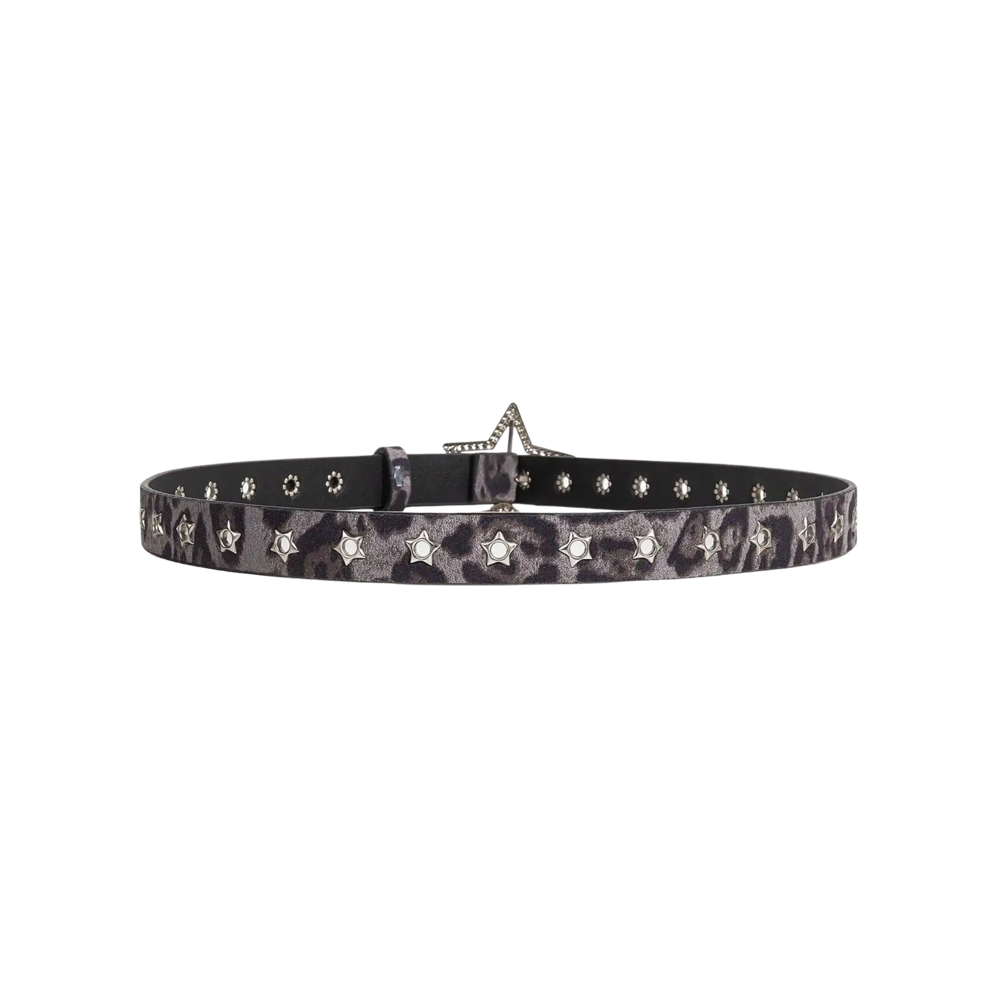 Full laid-flat view of grey leopard Wishing Star belt with silver star studs