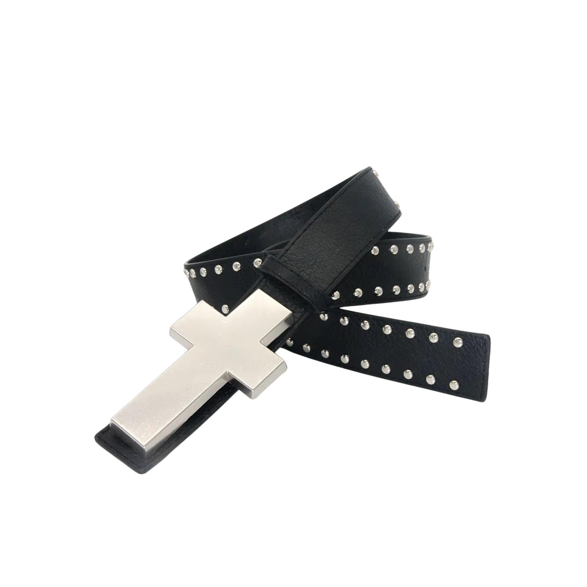 Open crossed-strap view of black Rivet Cross buckle belt