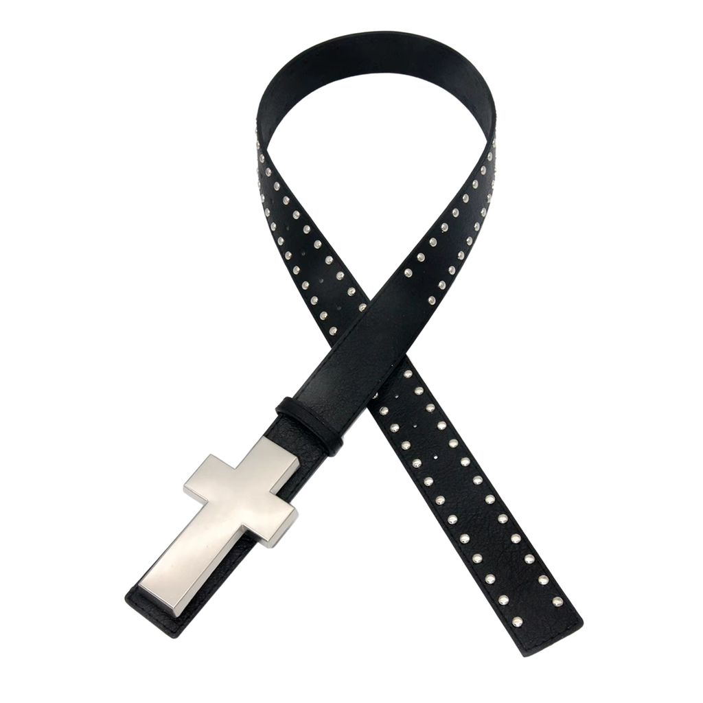 Full black Rivet Cross belt arranged in a loop to show studded strap and buckle