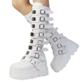 White platform mid-calf boots with buckle straps