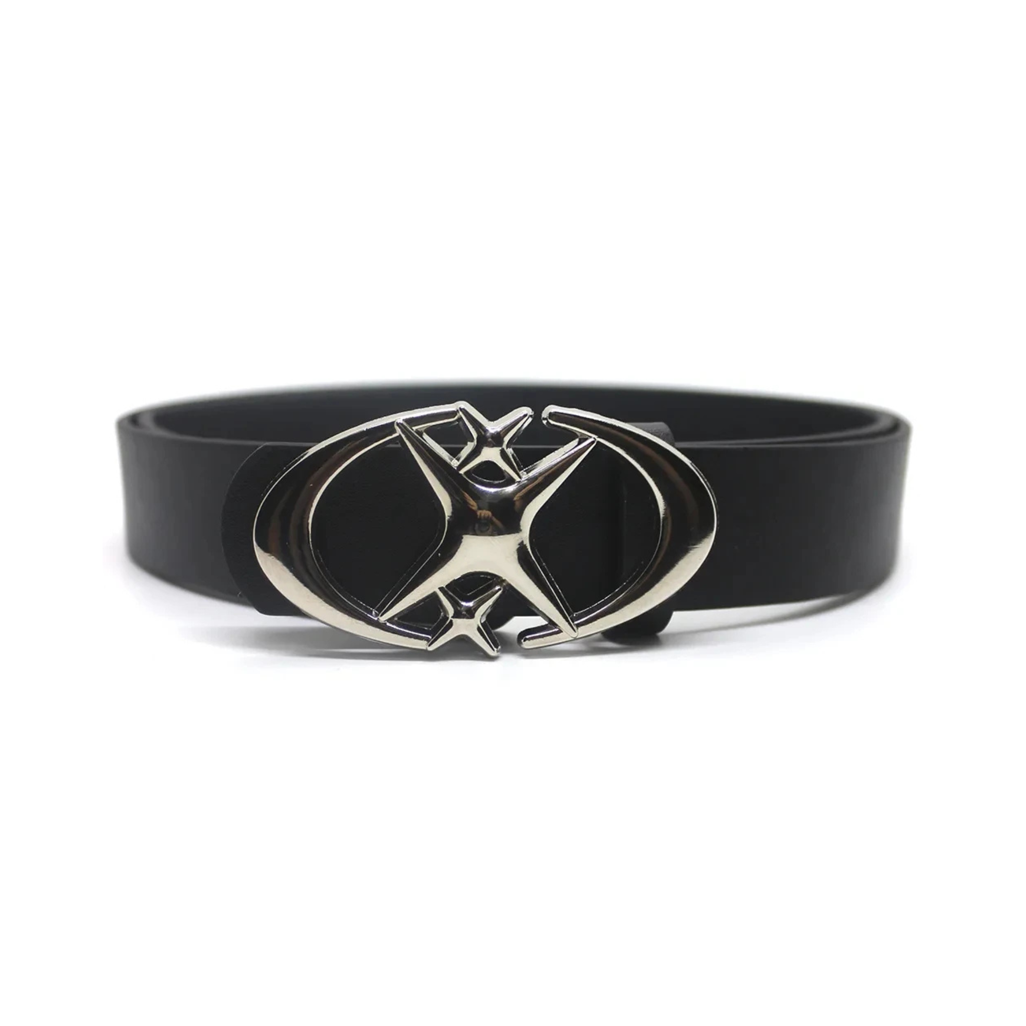 Black Galaxy Star belt with silver crescent-moon and star buckle, front view